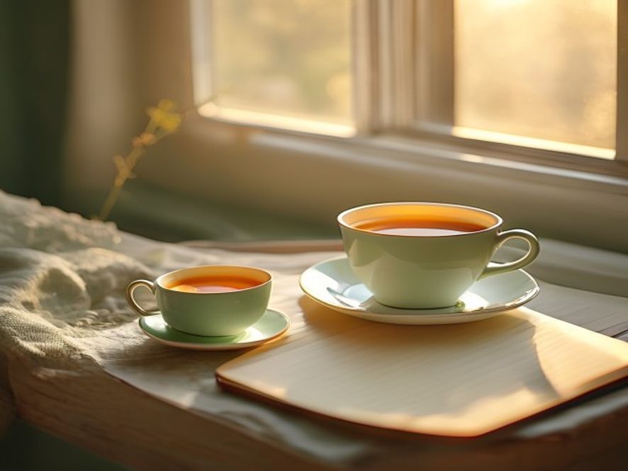Kopje thee of koffie op een bureau bij daglicht, geen personen