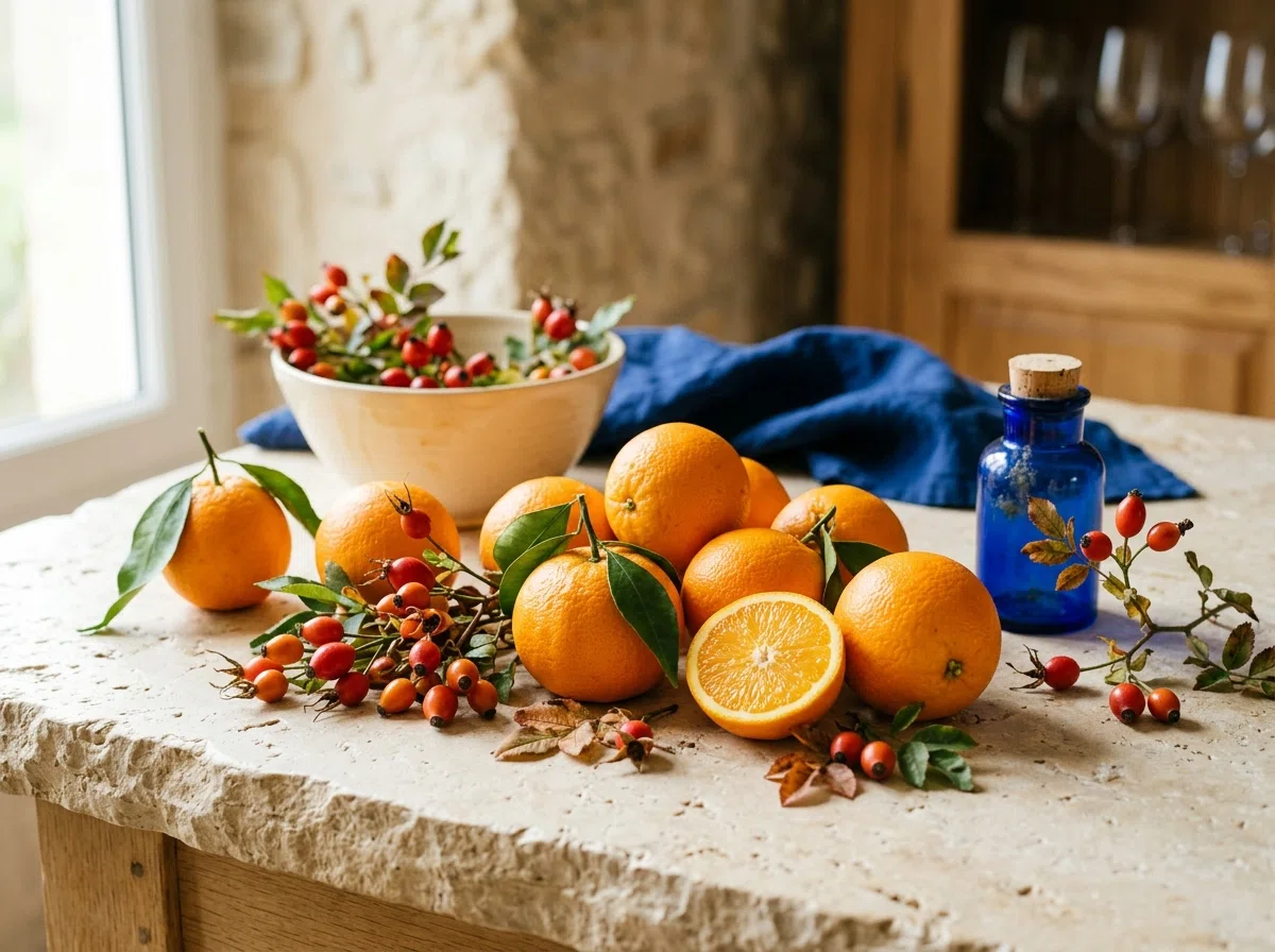 Citrusvruchten en rozebottels op een lichte keukentafel
