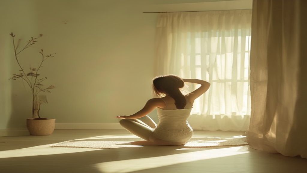 Person in lichte stretching positie in rustige omgeving, geen gezicht zichtbaar